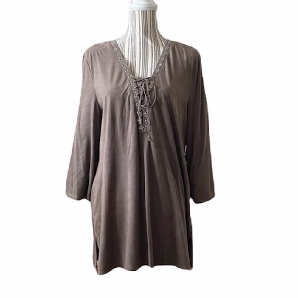 STYLE & CO. Long Sleeve Faux Suede Grommet Front Tie Up Blouse Brown M